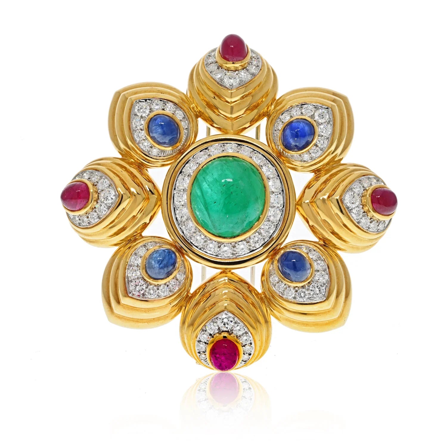 David Webb Platinum & 18K Yellow Gold Multicolor Cabochon Gemstone And Diamond Maltese Brooch - The Back Vault