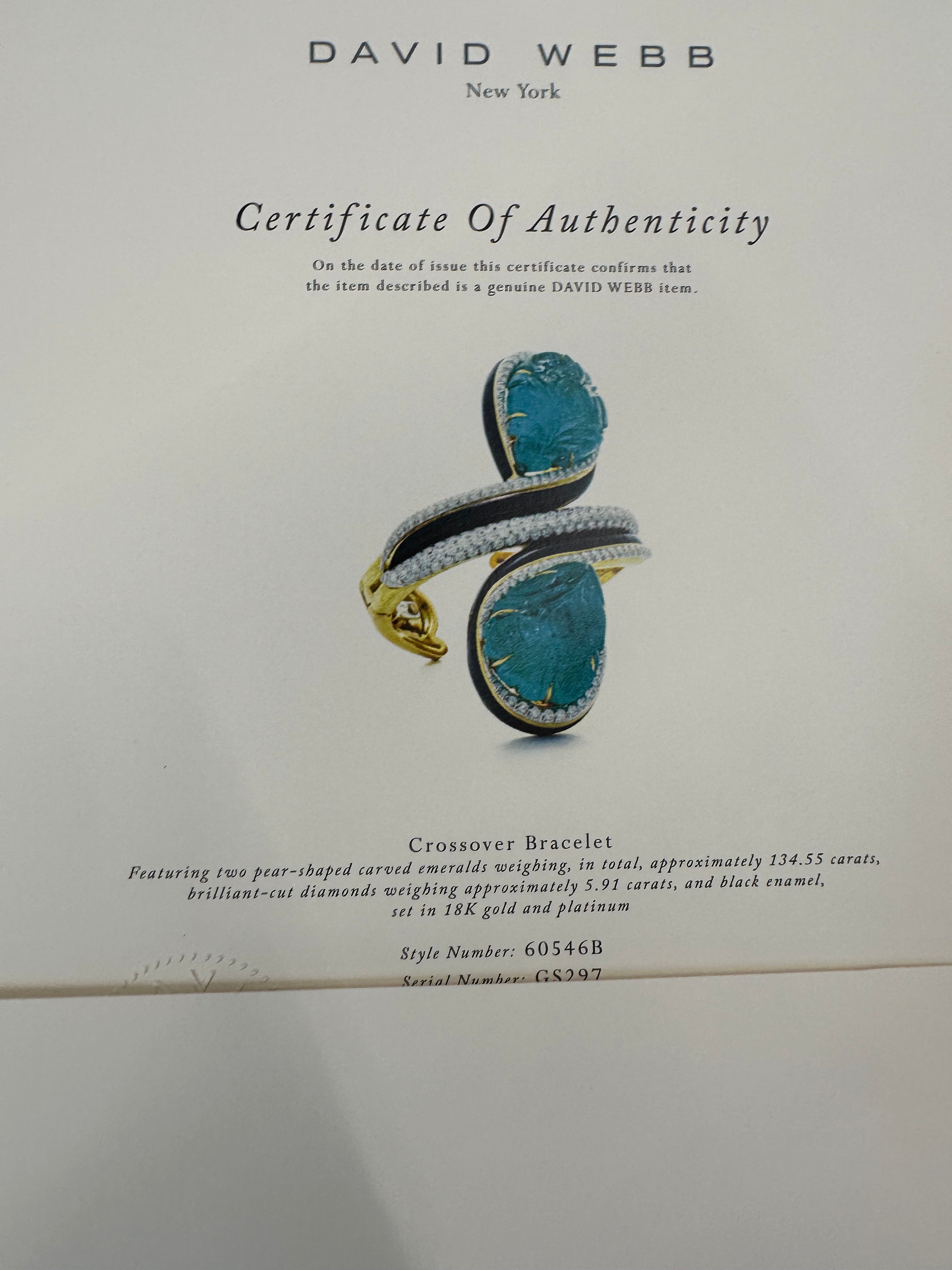 David Webb Crossover Platinum & 18K Yellow Gold Carved Emerald And Diamond Bracelet