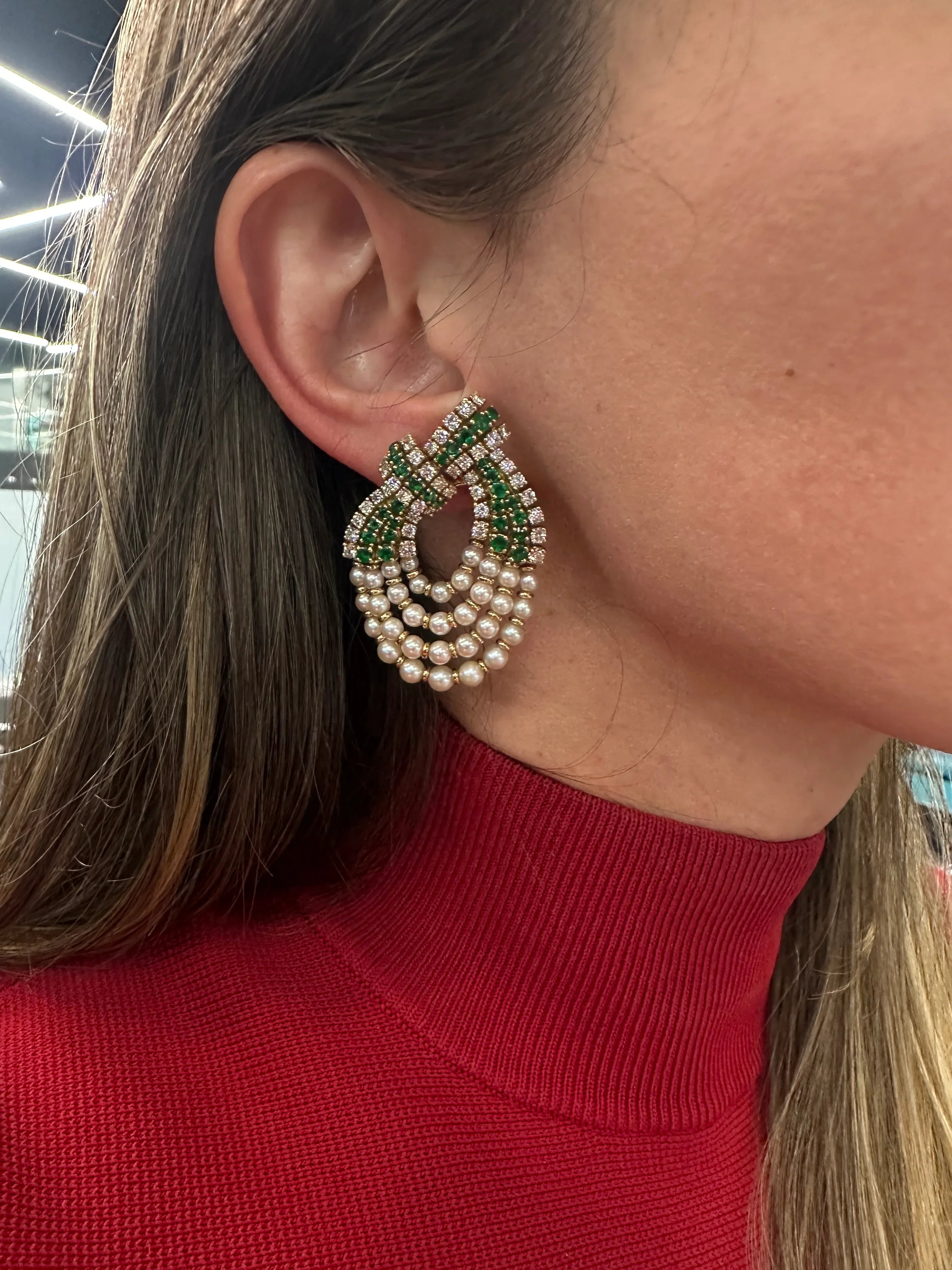 Chaumet Platinum & 18K Yellow Gold Diamond, Pearl And Green Emerald Clip Earrings - The Back Vault