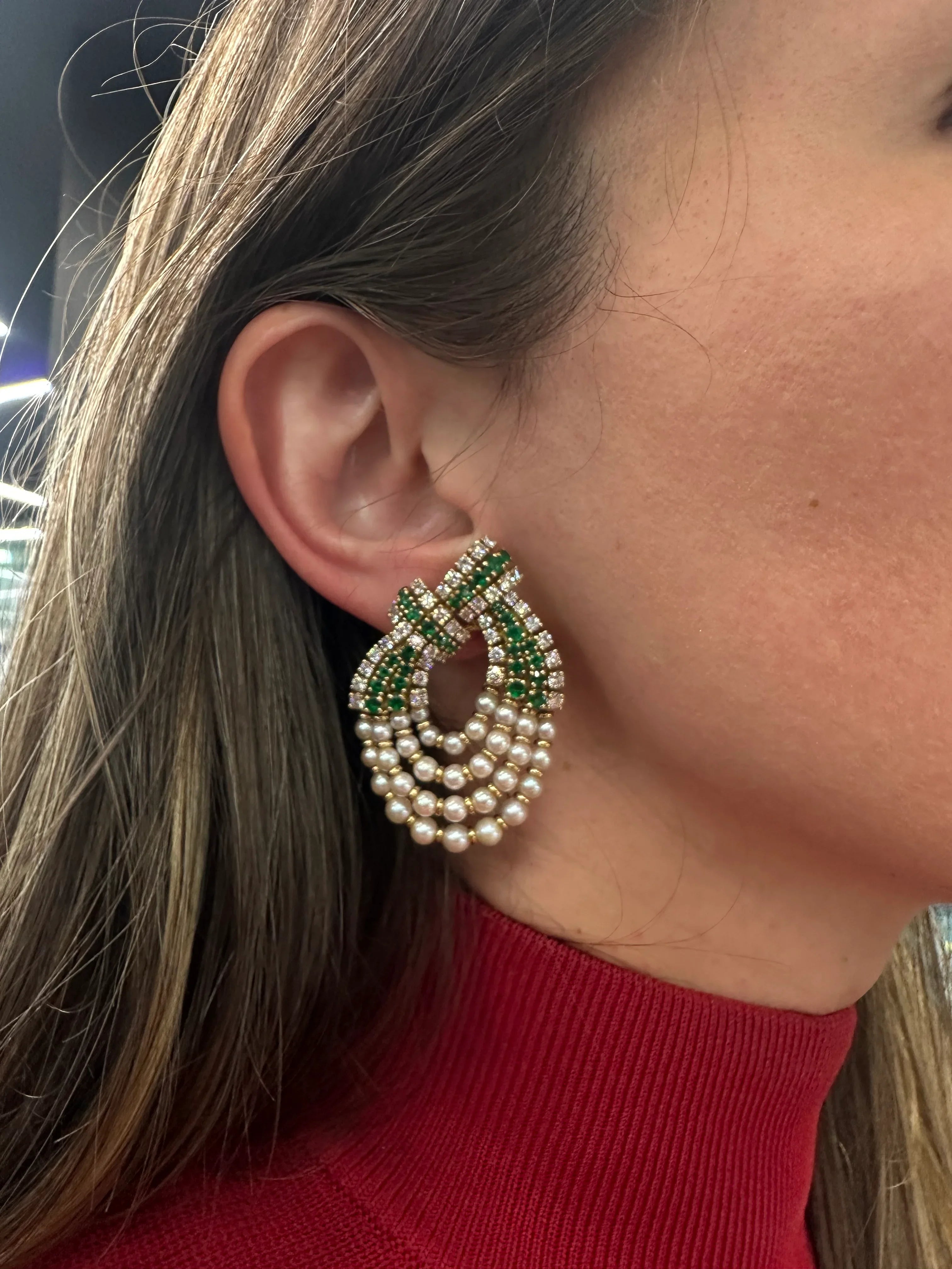 Chaumet Platinum & 18K Yellow Gold Diamond, Pearl And Green Emerald Clip Earrings - The Back Vault