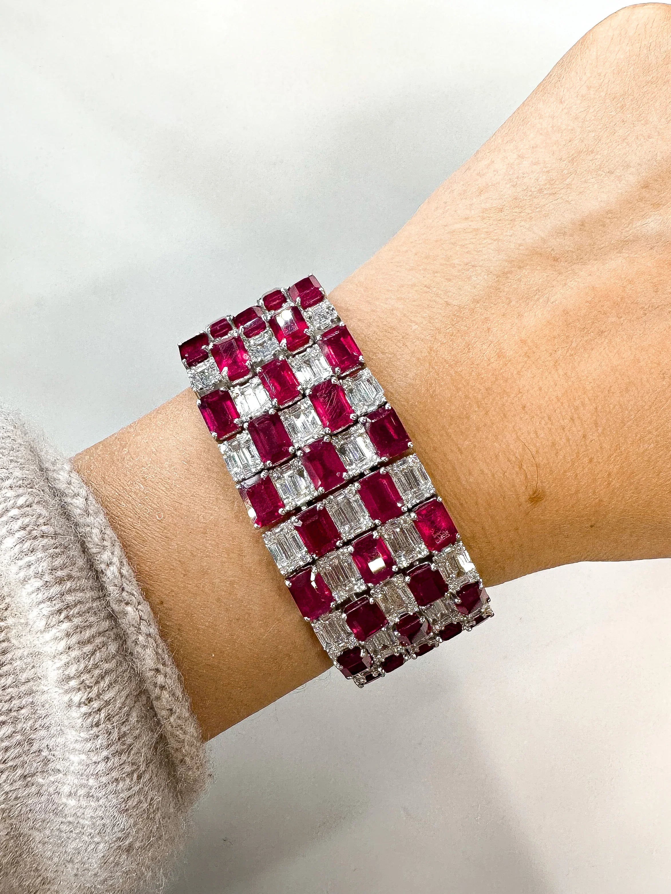 18K White Gold Diamond And Ruby Estate Carpet Style Bracelet - The Back Vault