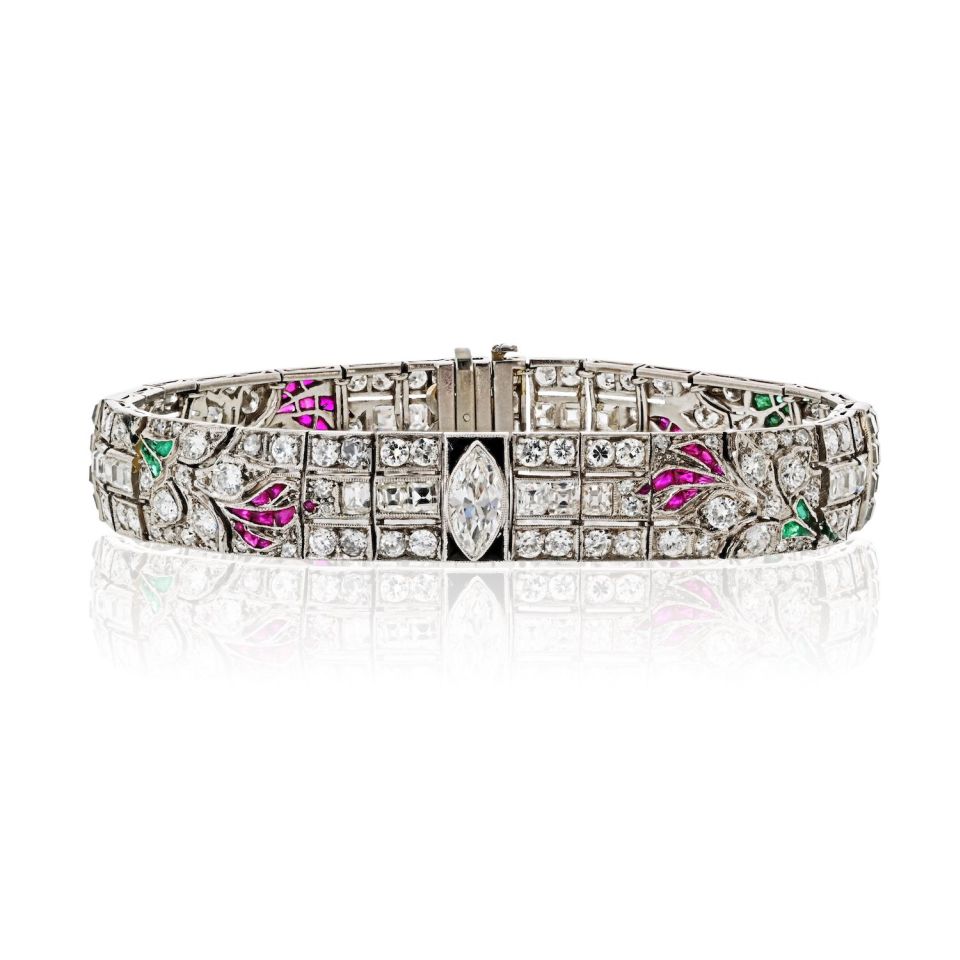 Art Deco Platinum Diamond, Ruby, Emerald And Onyx Bracelet – The