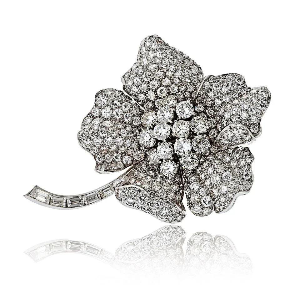 Platinum 17.00cttw Round Diamond Cut Flower Brooch - The Back Vault