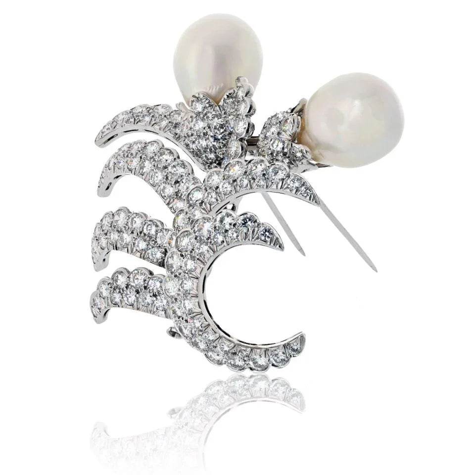 David Webb Platinum Double Pearl And 12.00cttw Diamond Brooch - The Back Vault