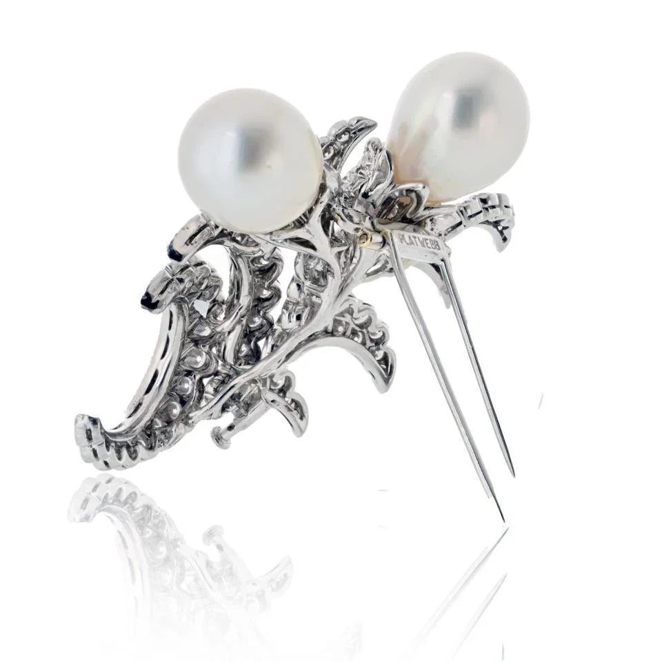 David Webb Platinum Double Pearl And 12.00cttw Diamond Brooch - The Back Vault