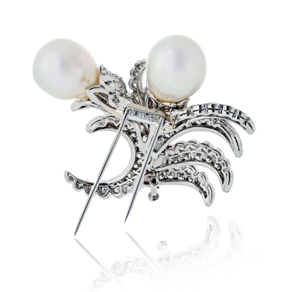 David Webb Platinum Double Pearl And 12.00cttw Diamond Brooch - The Back Vault