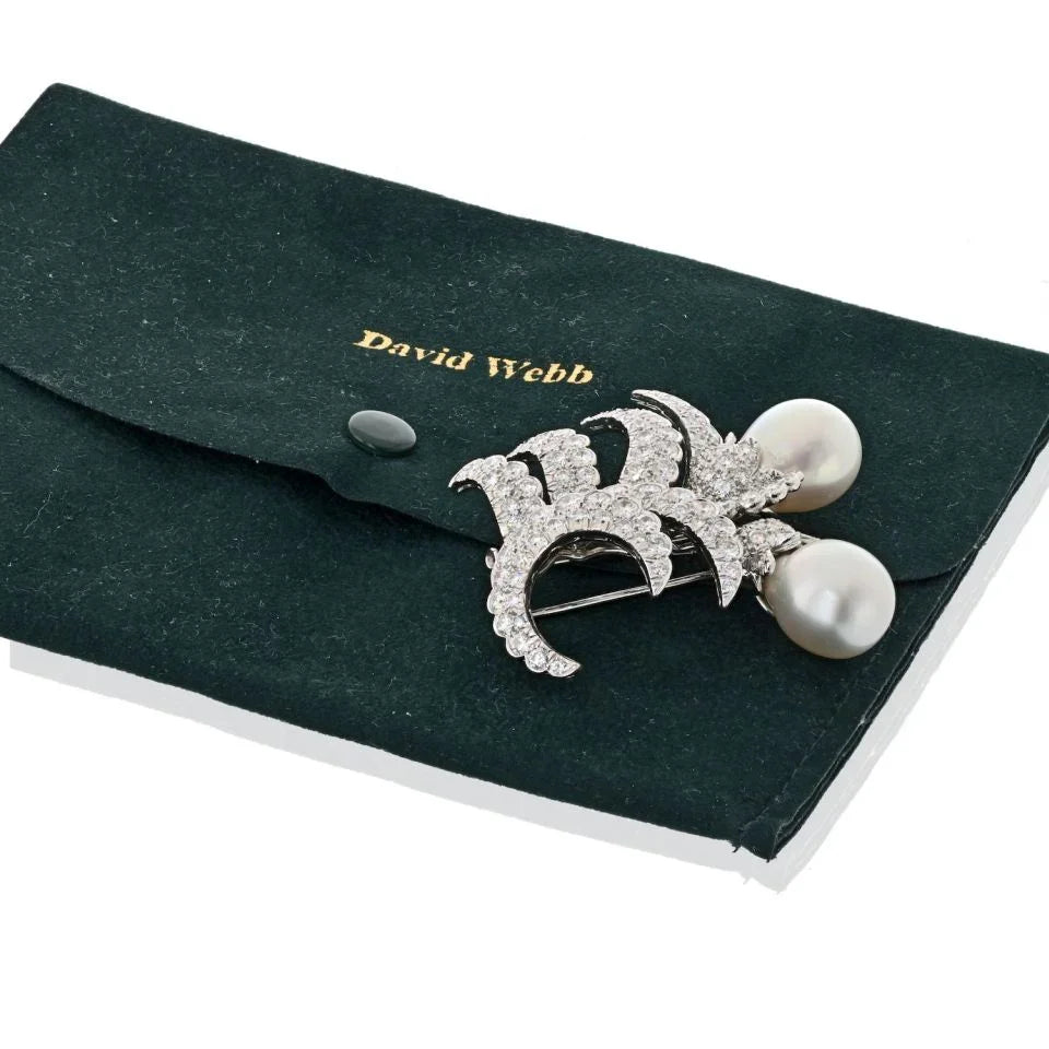 David Webb Platinum Double Pearl And 12.00cttw Diamond Brooch - The Back Vault