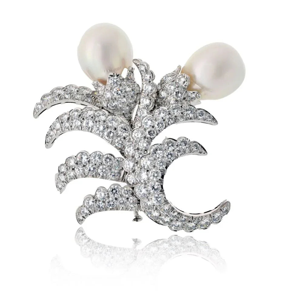 David Webb Platinum Double Pearl And 12.00cttw Diamond Brooch - The Back Vault