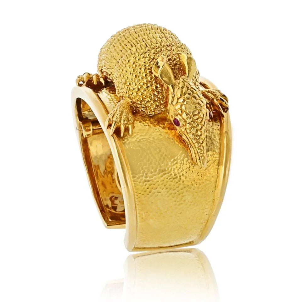 David Webb 18K Yellow Gold Armadillo Cuff With Ruby Eyes Bracelet - The Back Vault