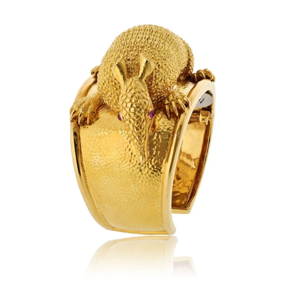 David Webb 18K Yellow Gold Armadillo Cuff With Ruby Eyes Bracelet - The Back Vault