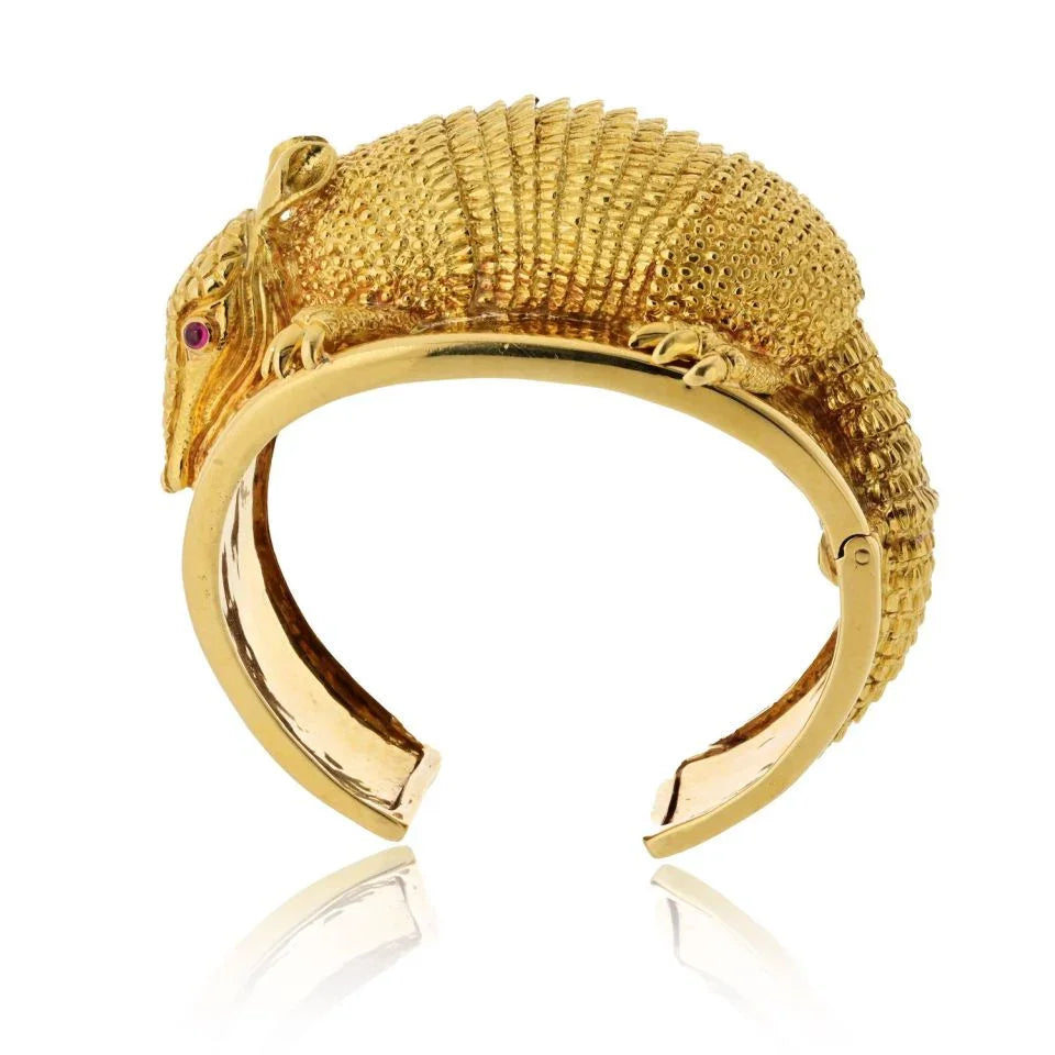 David Webb 18K Yellow Gold Armadillo Cuff With Ruby Eyes Bracelet - The Back Vault