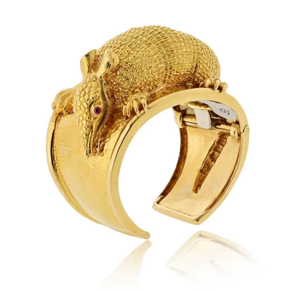 David Webb 18K Yellow Gold Armadillo Cuff With Ruby Eyes Bracelet - The Back Vault
