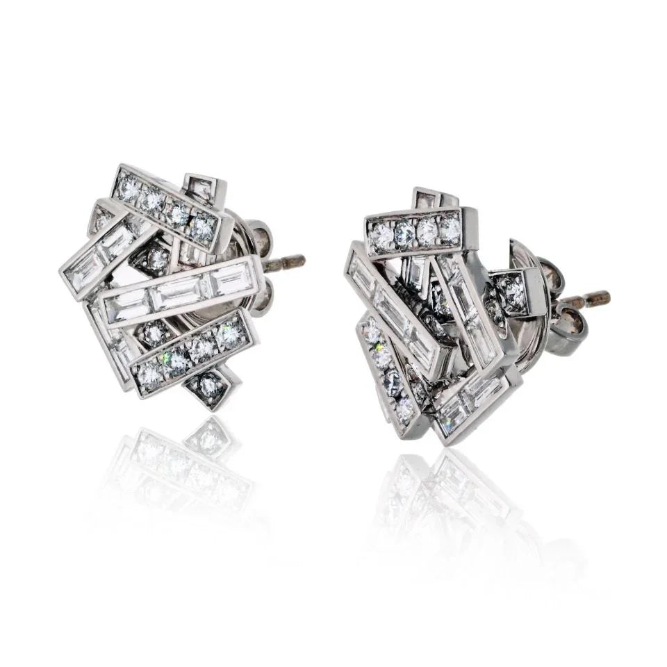Graff 18K White Gold Threads Baguette And Round Earrings - The Back Vault