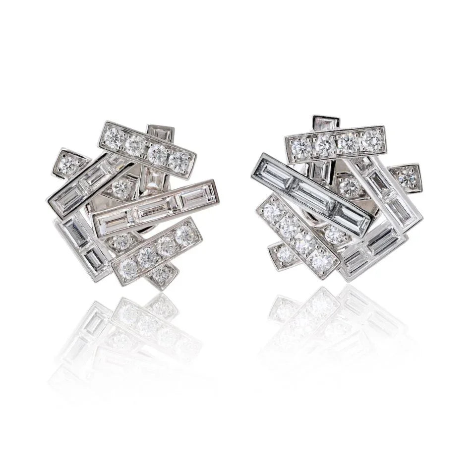 Graff 18K White Gold Threads Baguette And Round Earrings - The Back Vault