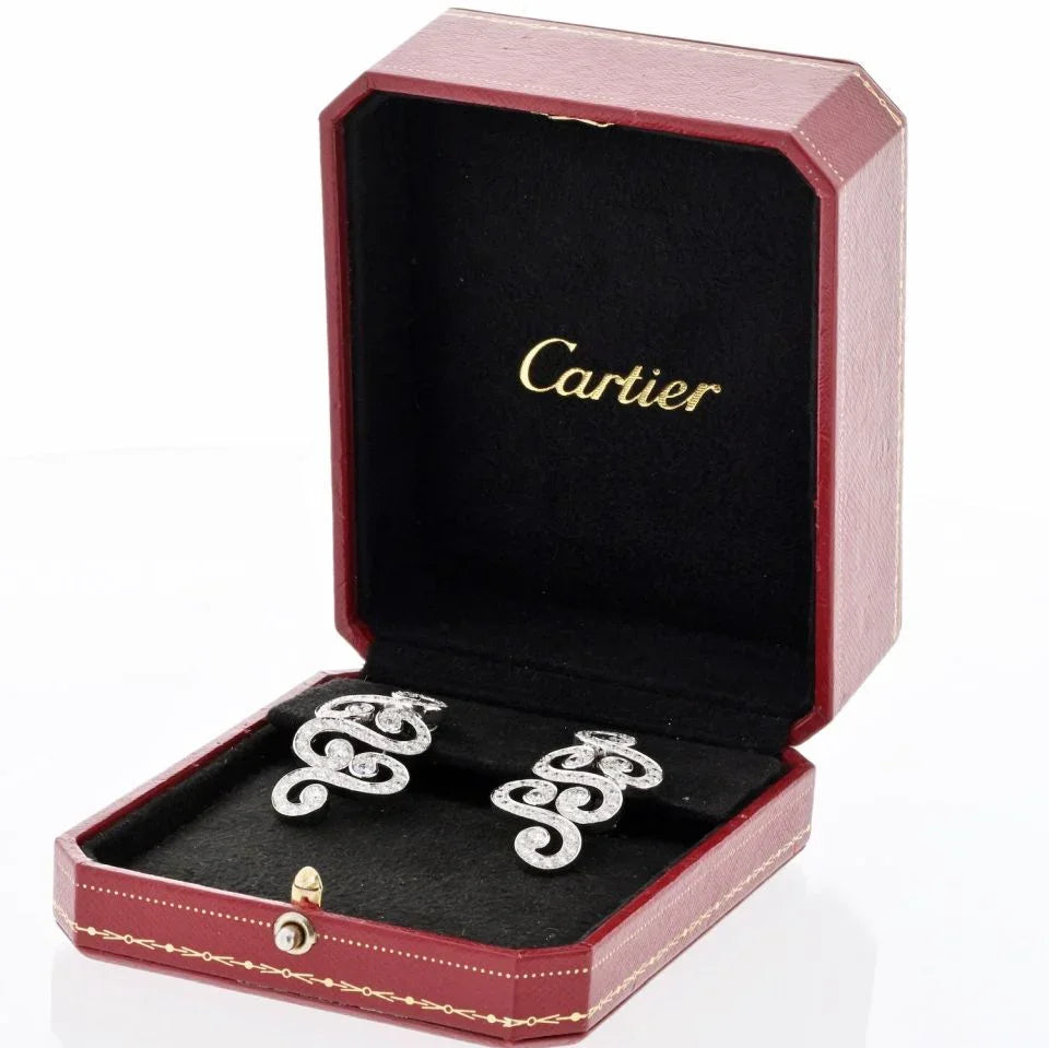 Cartier 18K White Gold Arabesque Scroll 6.50cttw Earrings - The Back Vault