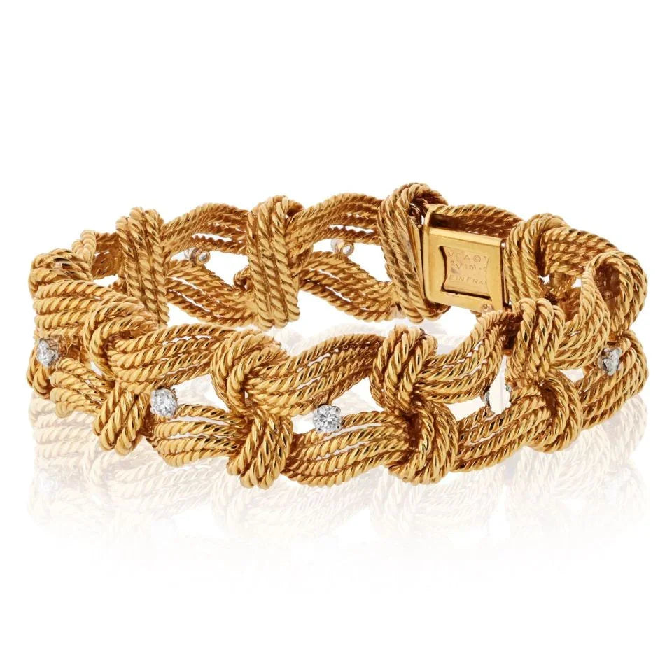 Van Cleef & Arpels 18K Yellow Gold Twist Rope Diamond Accented Bracelet - The Back Vault