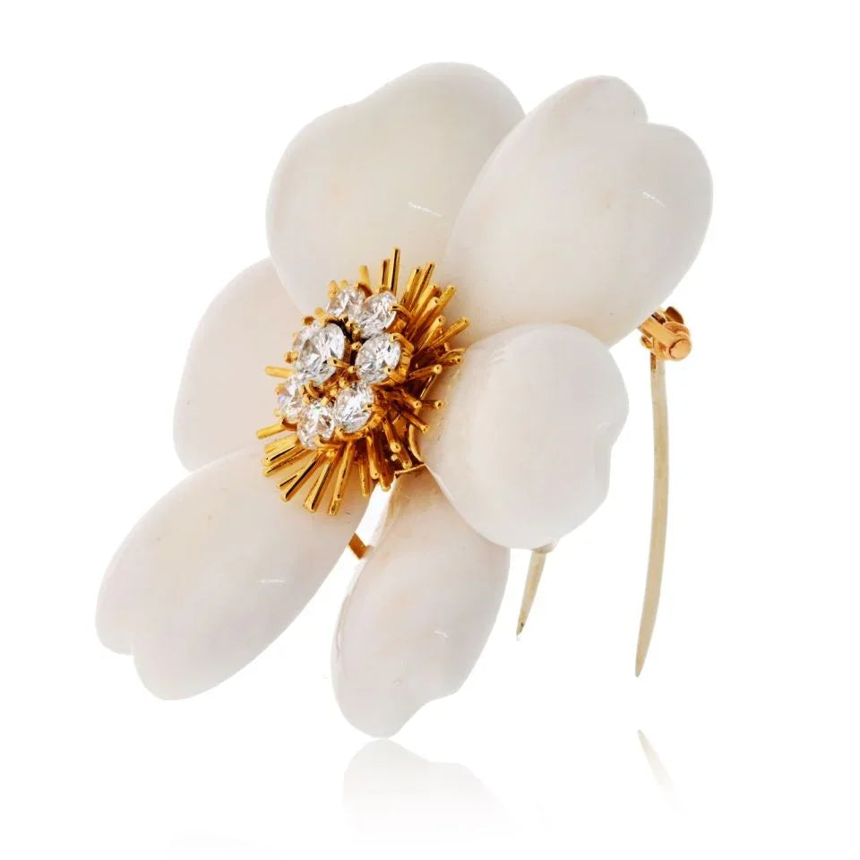 Van Cleef & Arpels 18K Yellow Gold Rose De Noel White Coral Large Model Brooch - The Back Vault