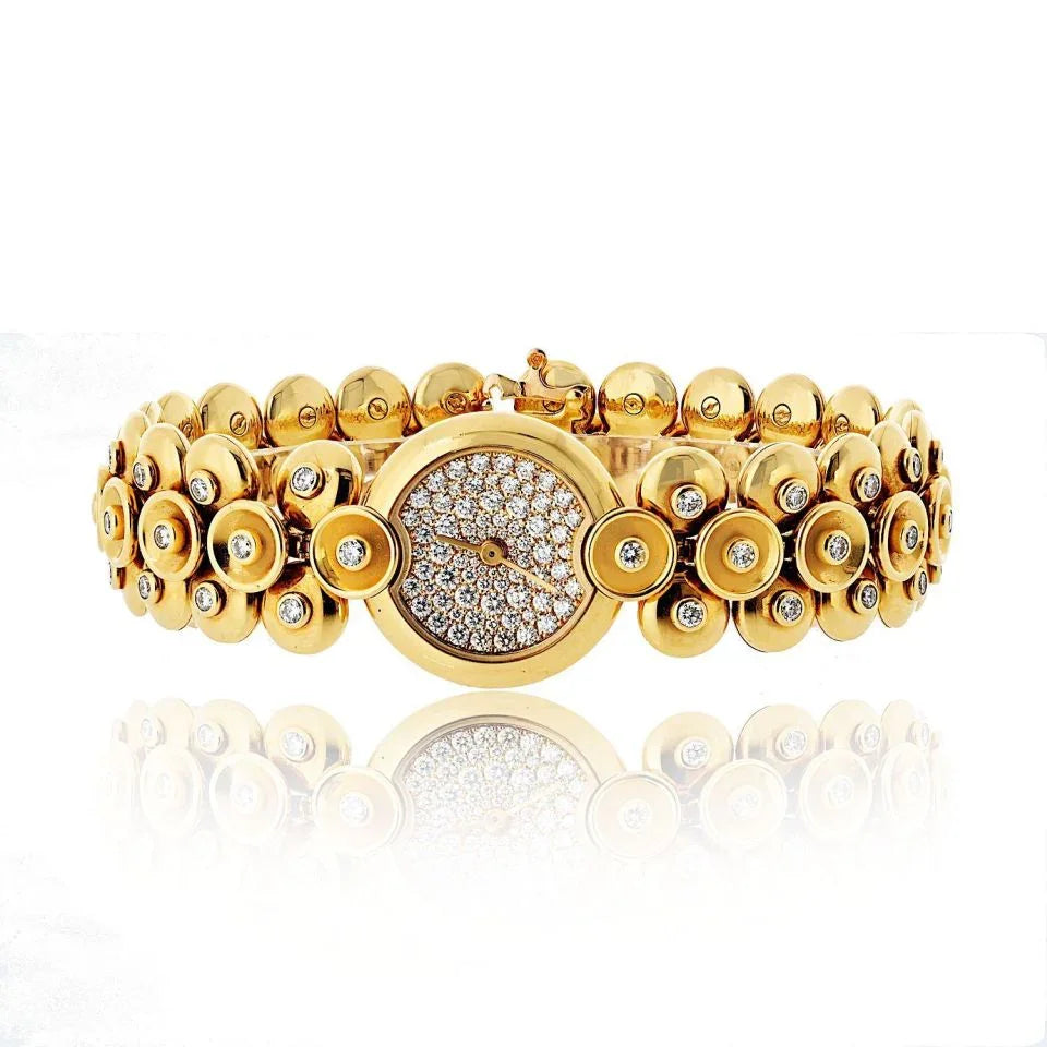 Van Cleef & Arpels 18K Yellow Gold Bouton D'or Medium Model Diamond Dial Watch - The Back Vault