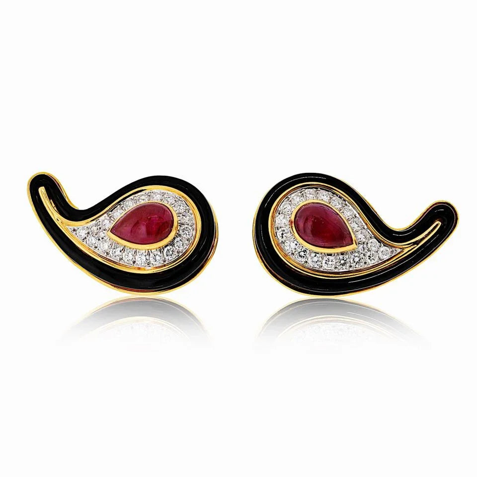 David Webb 18K Yellow Gold Black Enamel, Ruby And Diamond Earrings - The Back Vault