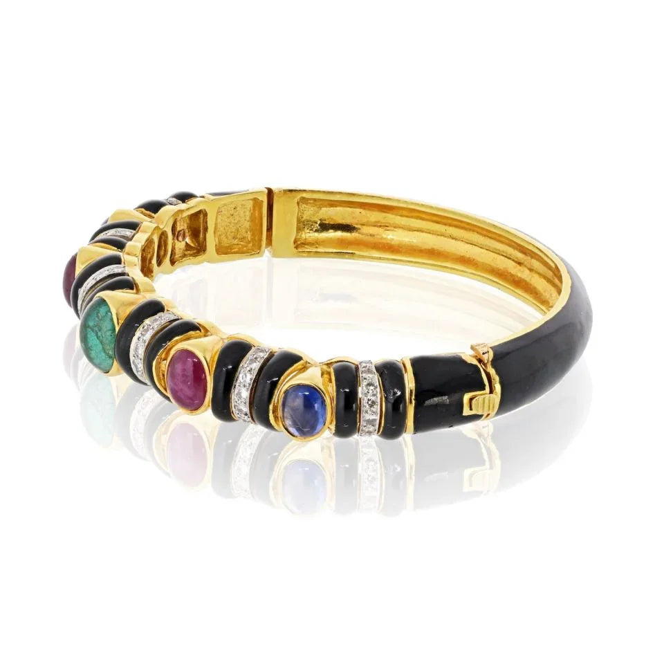 David Webb 18K Yellow Gold Black Enamel With Gemstones And Diamonds Bracelet - The Back Vault