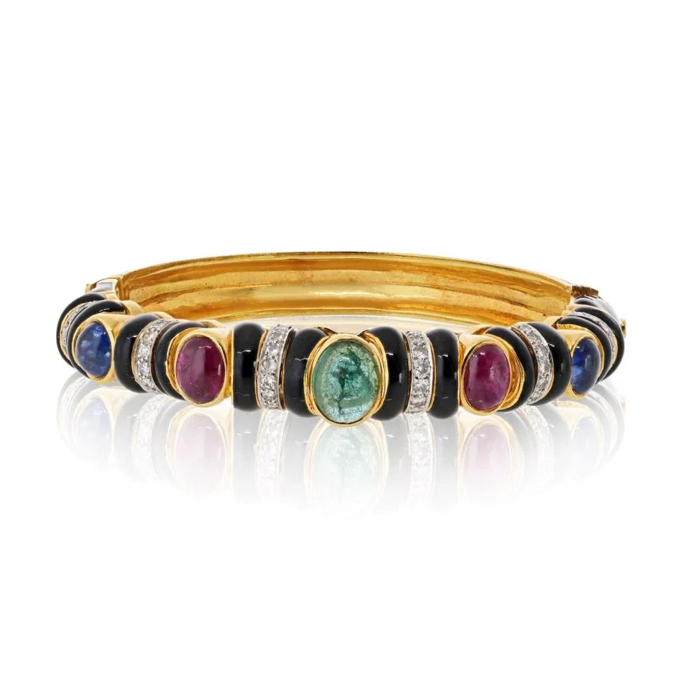 David Webb 18K Yellow Gold Black Enamel With Gemstones And Diamonds Bracelet - The Back Vault
