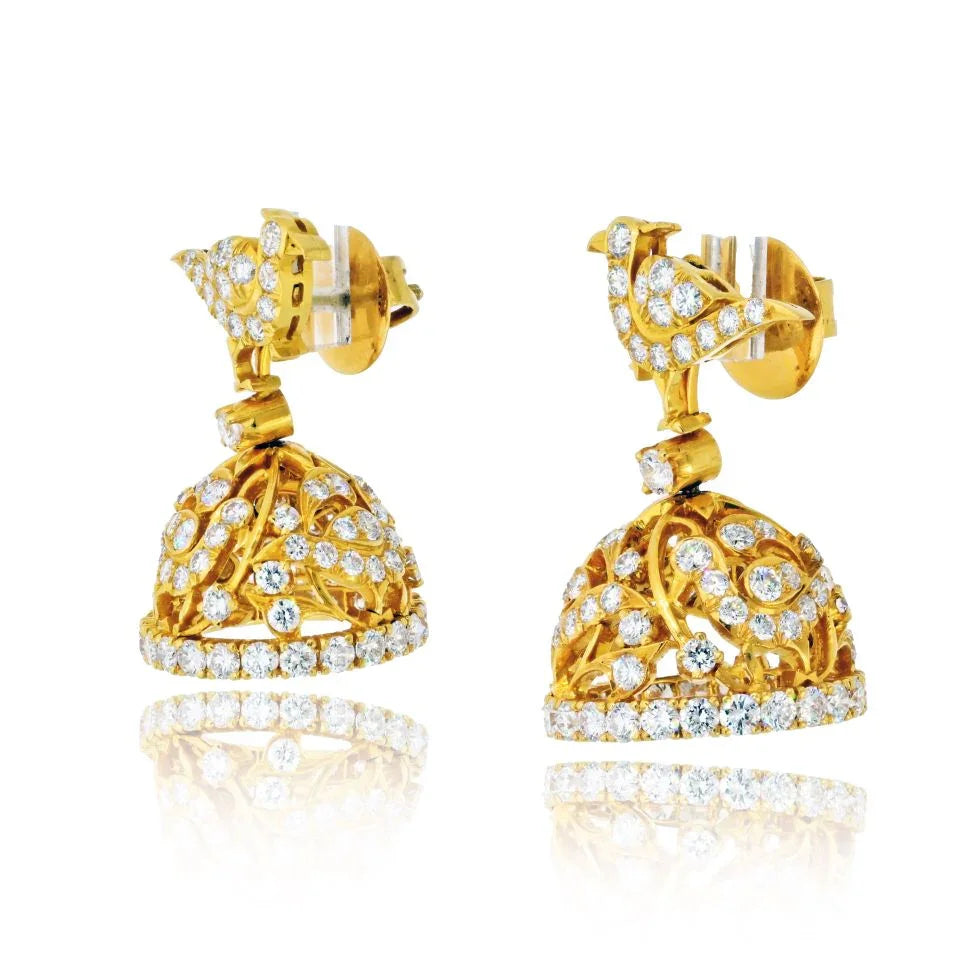 22K Yellow Gold 9.00cttw Round Brilliant Cut Diamond Bird Bell Earrings - The Back Vault