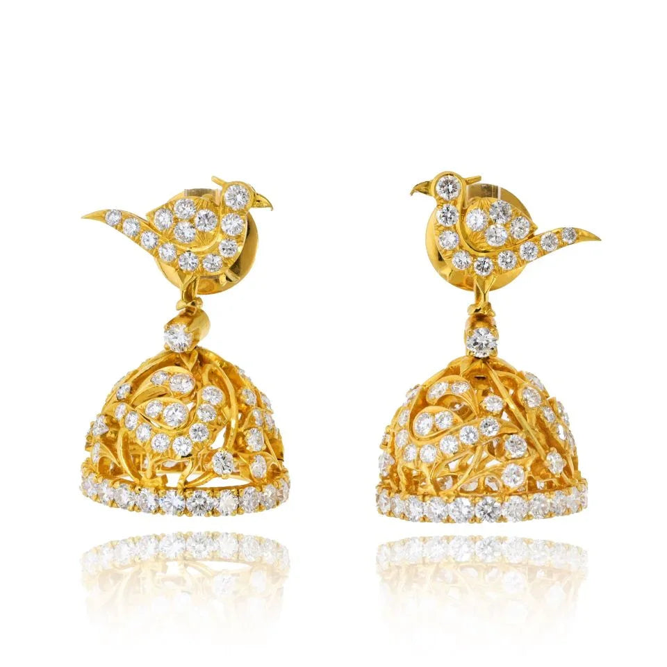 22K Yellow Gold 9.00cttw Round Brilliant Cut Diamond Bird Bell Earrings - The Back Vault