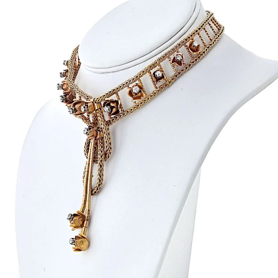 18K Yellow Gold 2.75cttw Mid Century Diamond Floral Chocker Necklace - The Back Vault