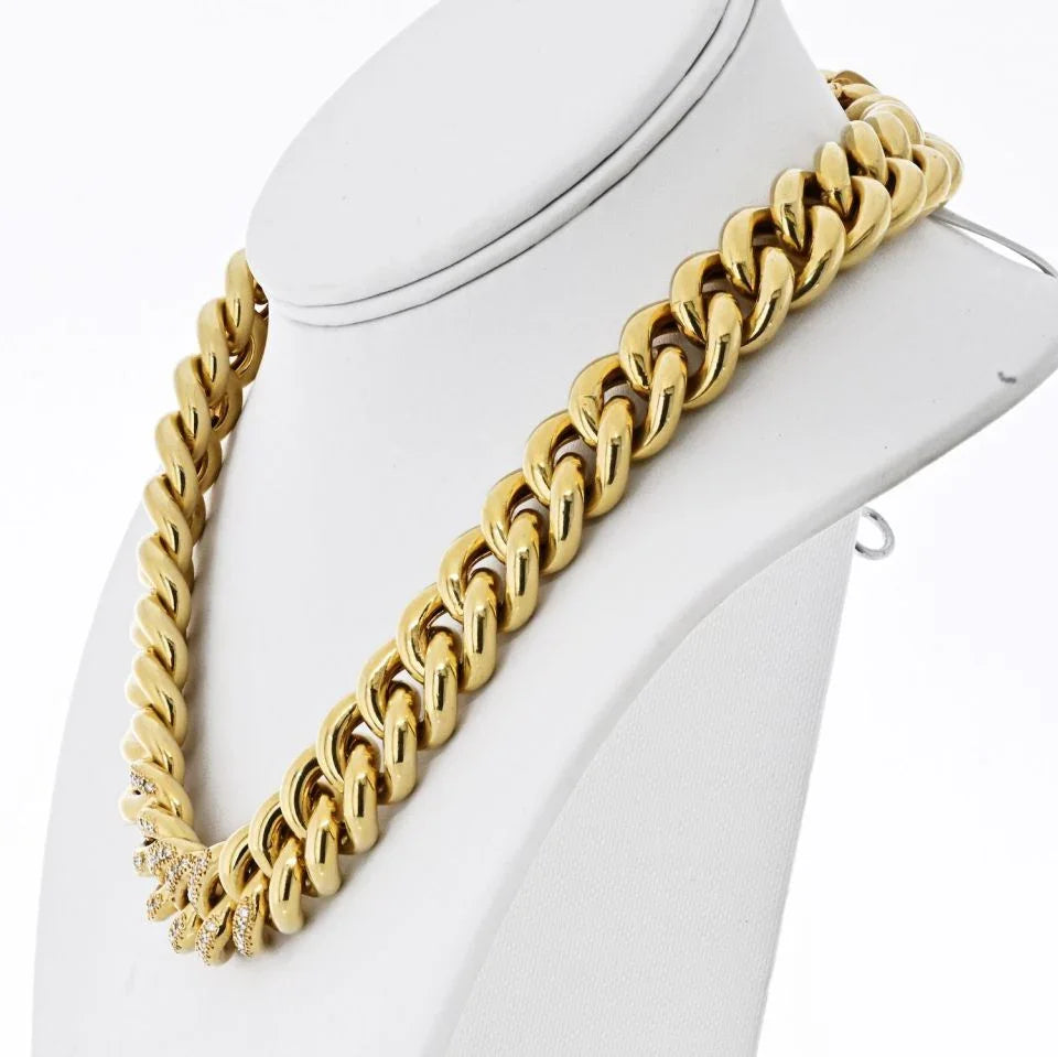 18K Yellow Gold Cuban Chain Link With Round Diamonds 18 Inches Long Necklace - The Back Vault
