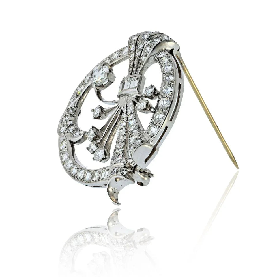 Platinum 4.00cttw Round And Baguette Cut Diamond Brooch - The Back Vault