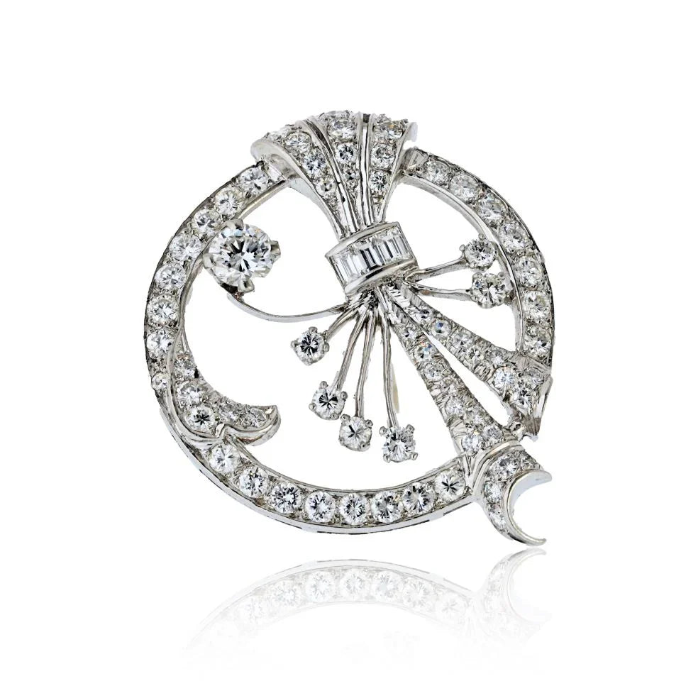 Platinum 4.00cttw Round And Baguette Cut Diamond Brooch - The Back Vault