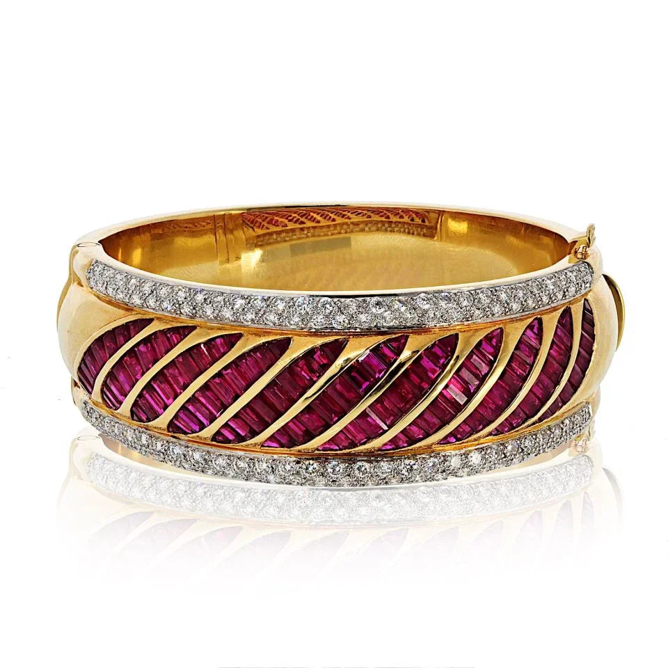 18K Yellow Gold Diamond And Ruby Bangle Bracelet - The Back Vault