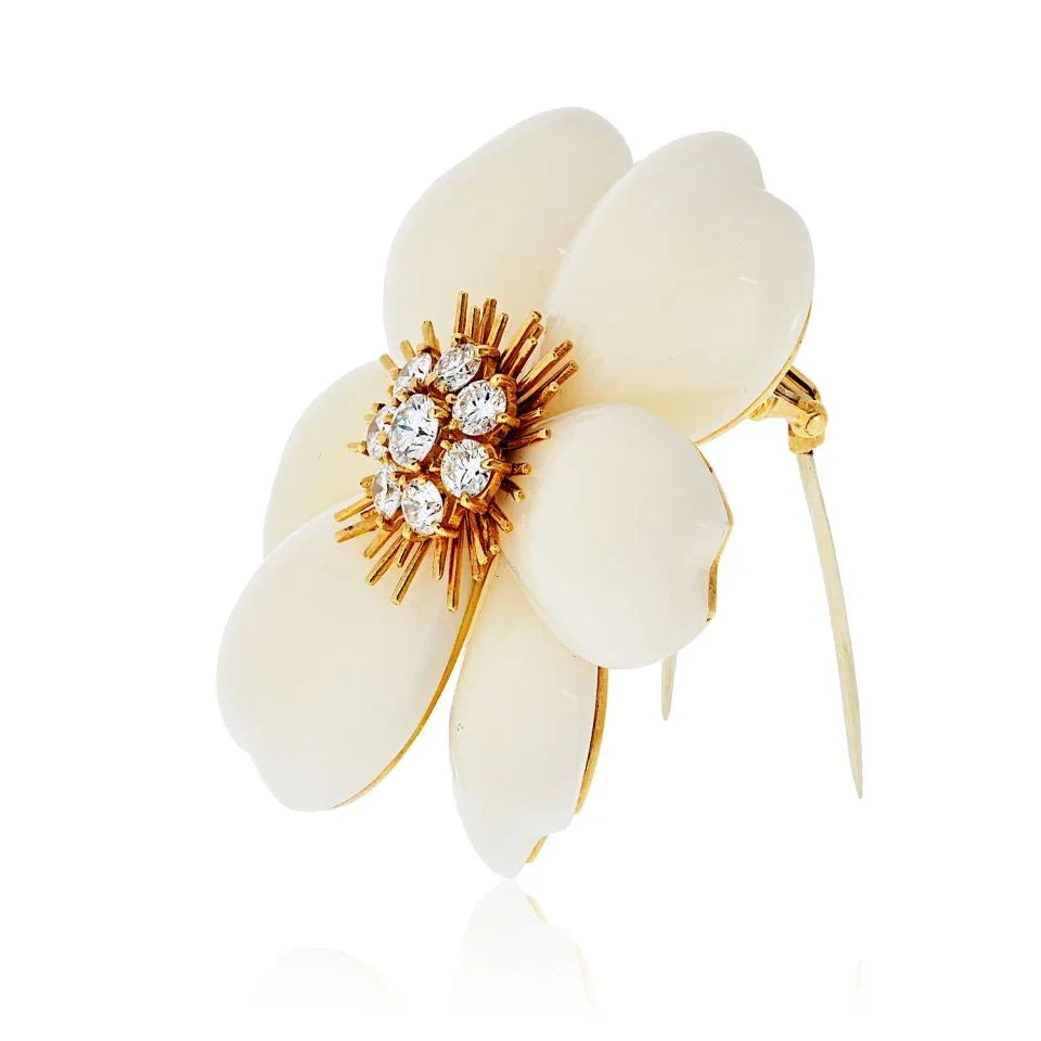 Van Cleef & Arpels 18K Yellow Gold Rose De Noel 2 Inches White Coral Brooch - The Back Vault