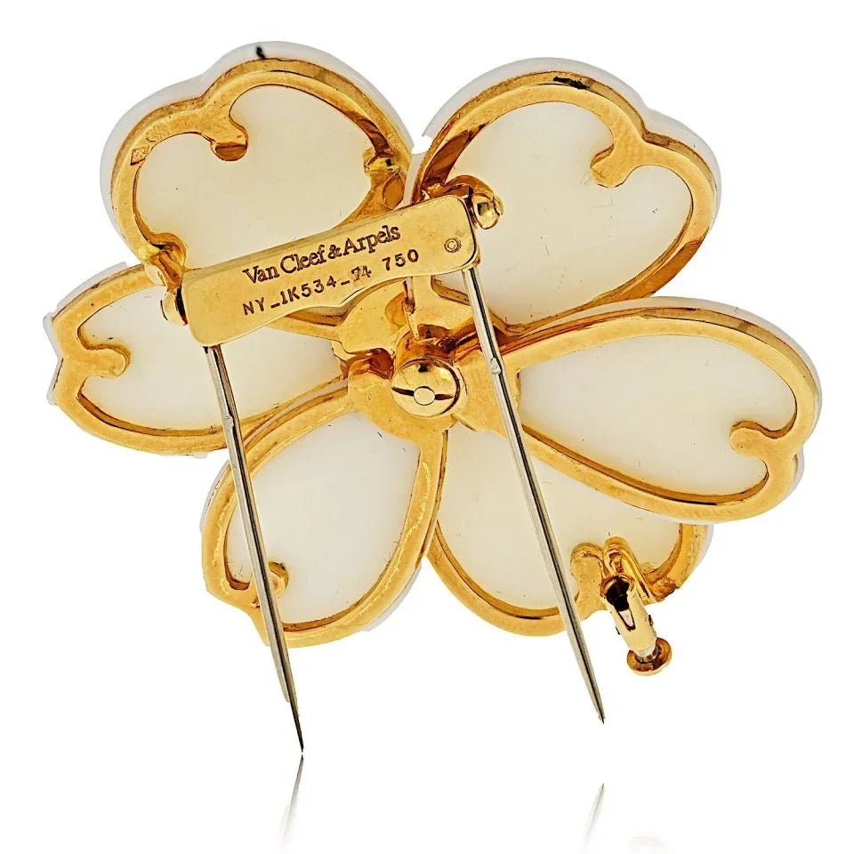 Van Cleef & Arpels 18K Yellow Gold Rose De Noel 2 Inches White Coral Brooch - The Back Vault