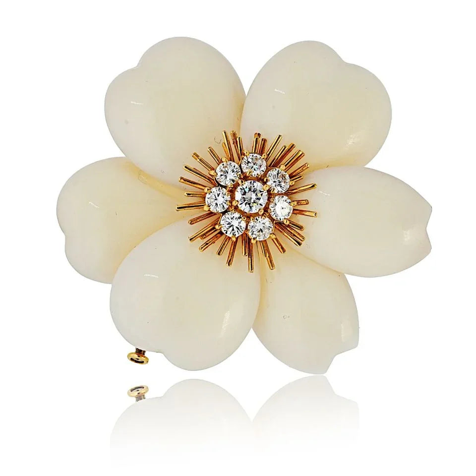 Van Cleef & Arpels 18K Yellow Gold Rose De Noel 2 Inches White Coral Brooch - The Back Vault