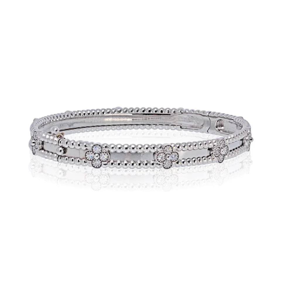 Van Cleef & Arpels 18K White Gold Perlee Diamond Clovers Size S Bracelet - The Back Vault