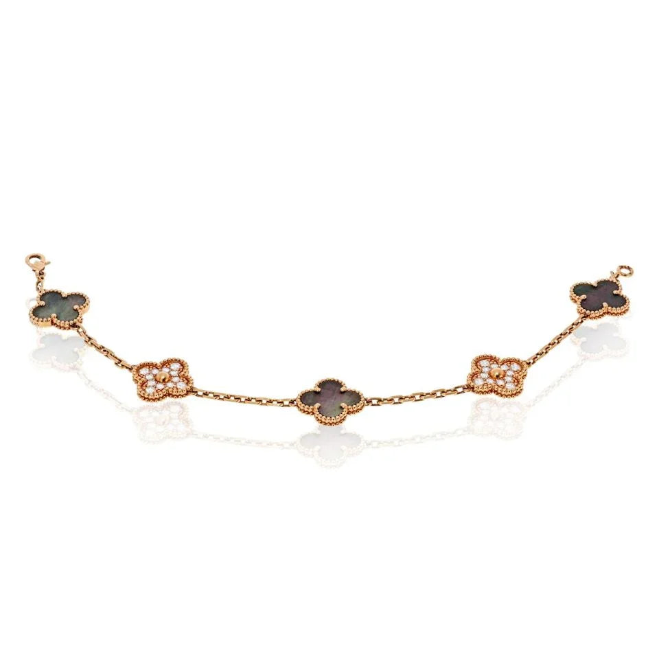 Van Cleef & Arpels Alhambra 18K Rose Gold Grey Mothr Of Pearl And Diamonds Bracelet - The Back Vault