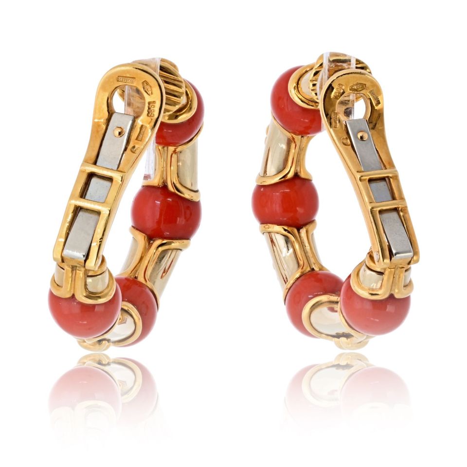 Bvlgari 18K Yellow Gold Coral Hoop Circa 1989 Earrings
