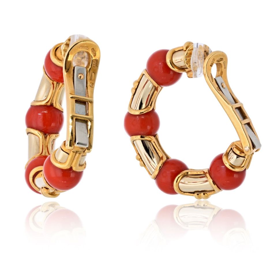 Bvlgari 18K Yellow Gold Coral Hoop Circa 1989 Earrings