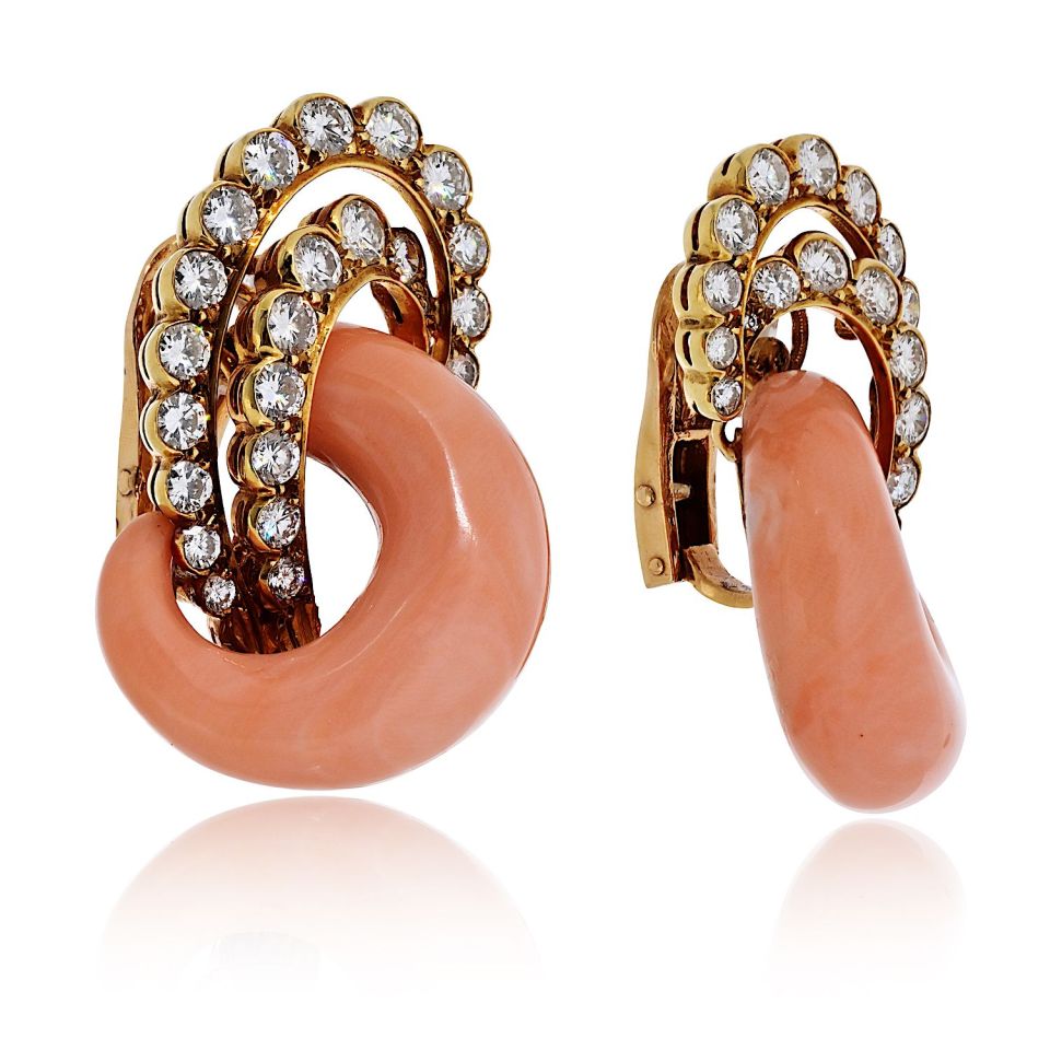 Van Cleef & Arpels Andre Vassort Vintage 18K Yellow Gold Coral And Diamond Earrings