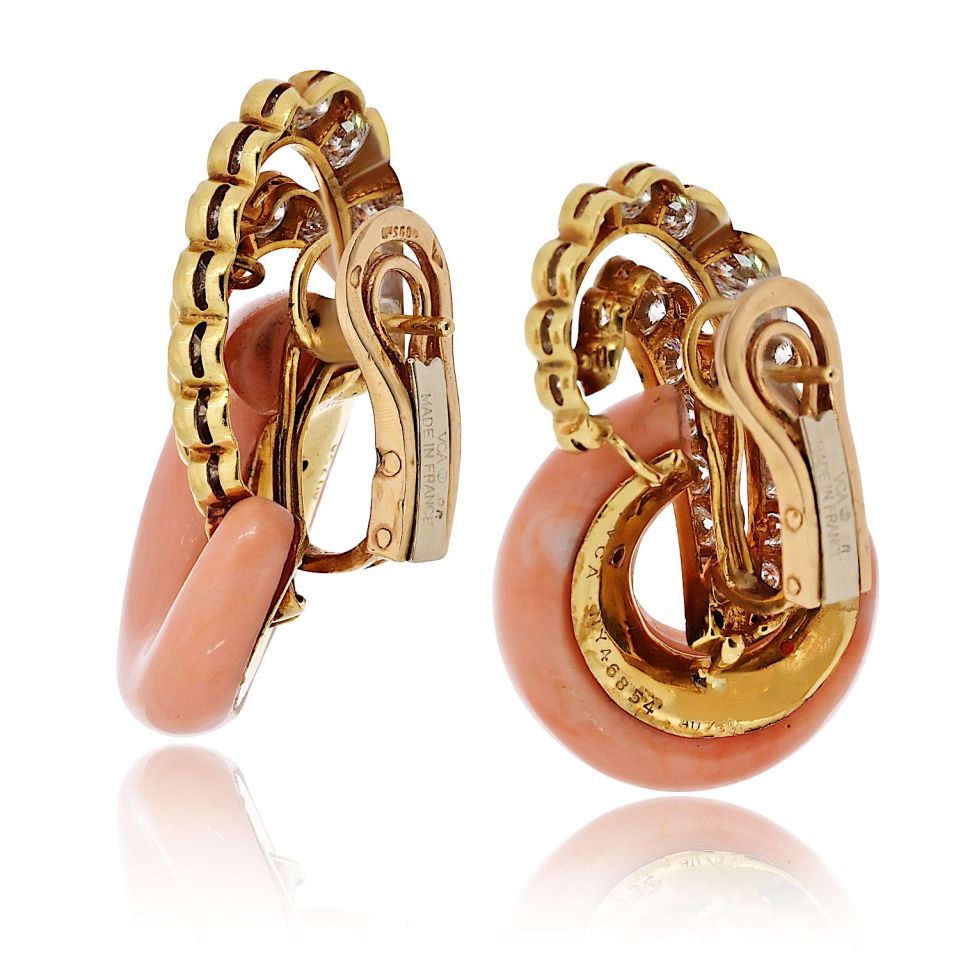 Van Cleef & Arpels Andre Vassort Vintage 18K Yellow Gold Coral And Diamond Earrings