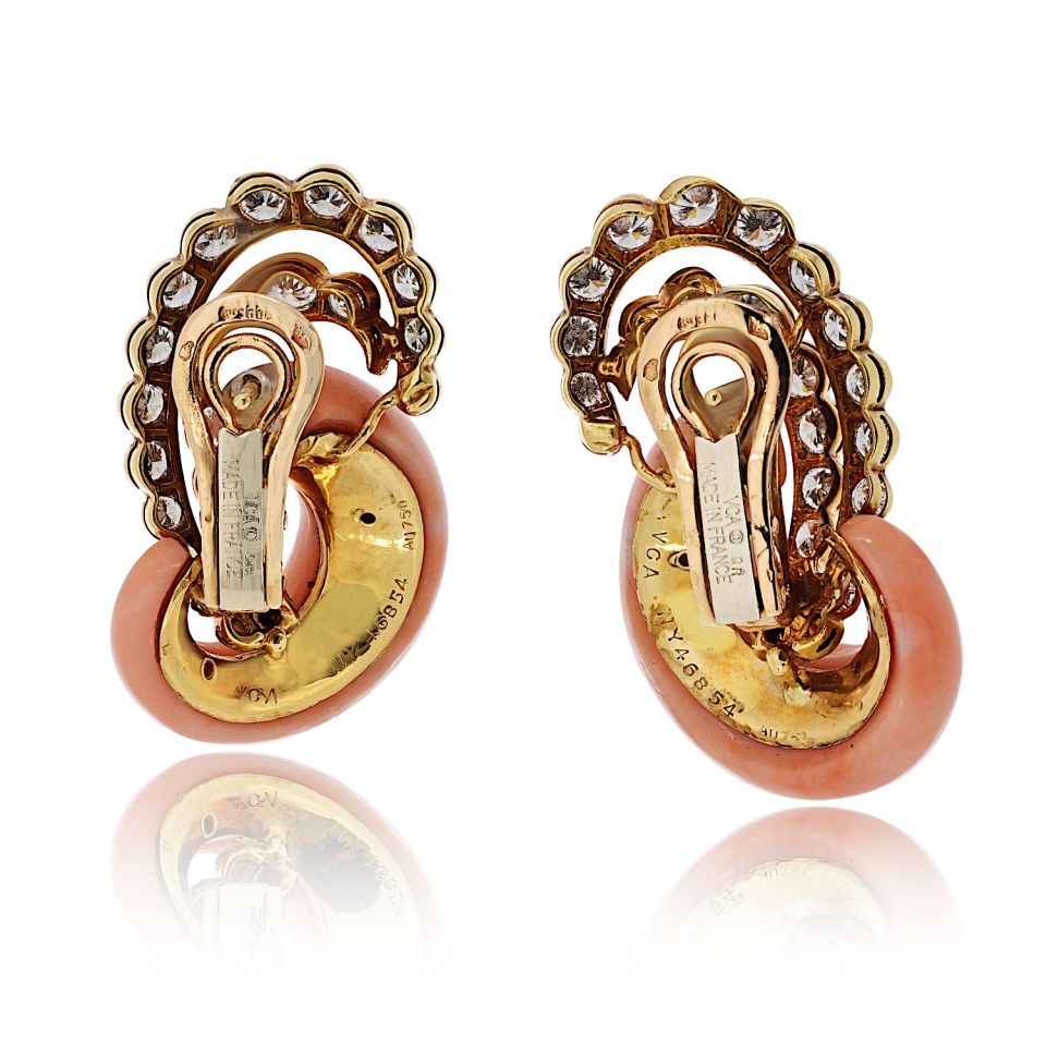 Van Cleef & Arpels Andre Vassort Vintage 18K Yellow Gold Coral And Diamond Earrings