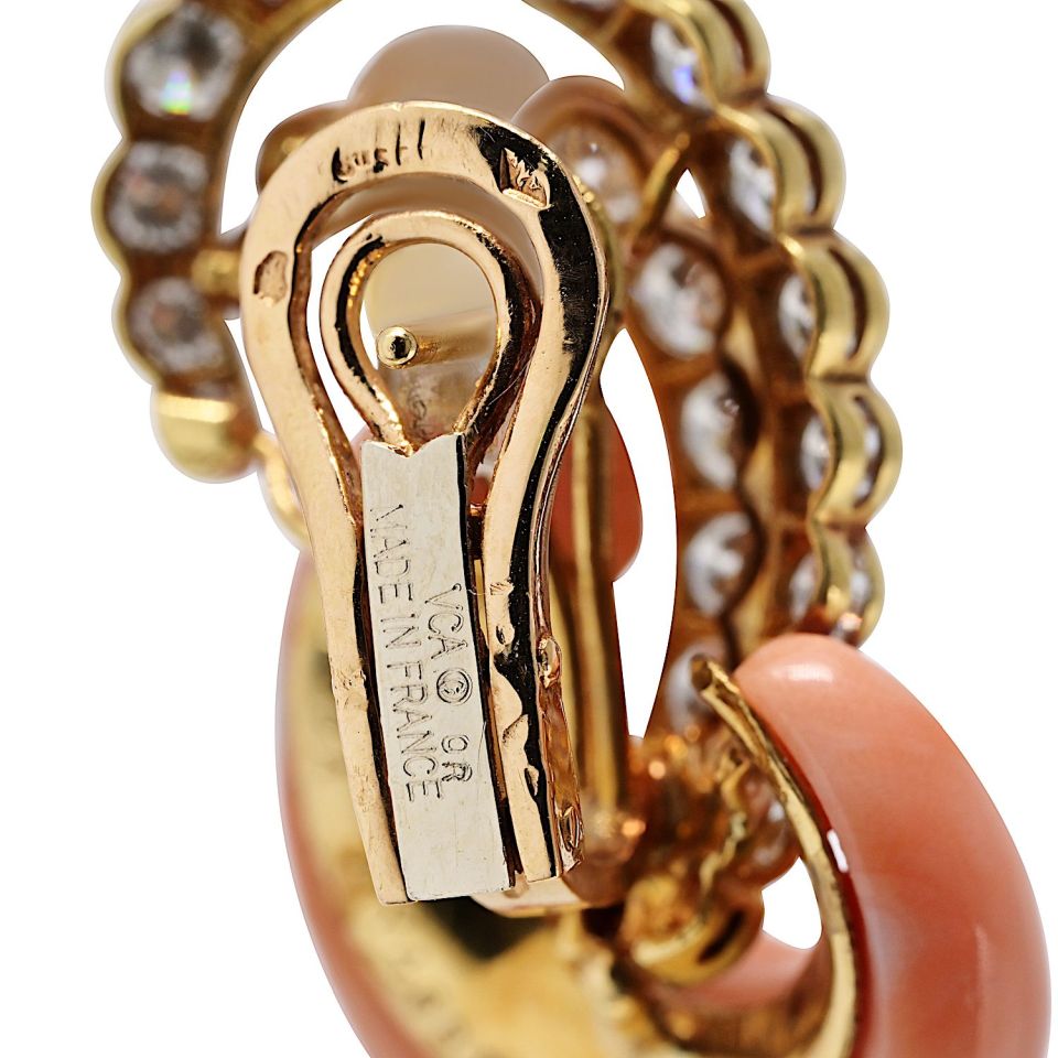 Van Cleef & Arpels Andre Vassort Vintage 18K Yellow Gold Coral And Diamond Earrings
