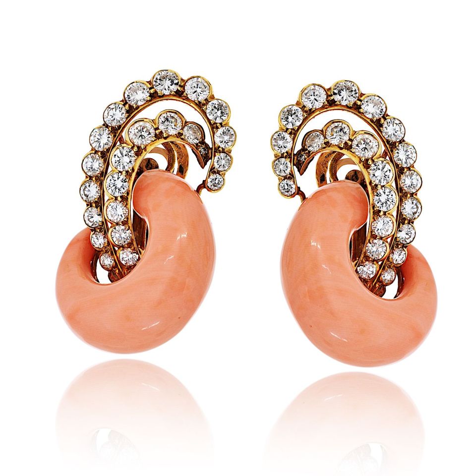 Van Cleef & Arpels Andre Vassort Vintage 18K Yellow Gold Coral And Diamond Earrings