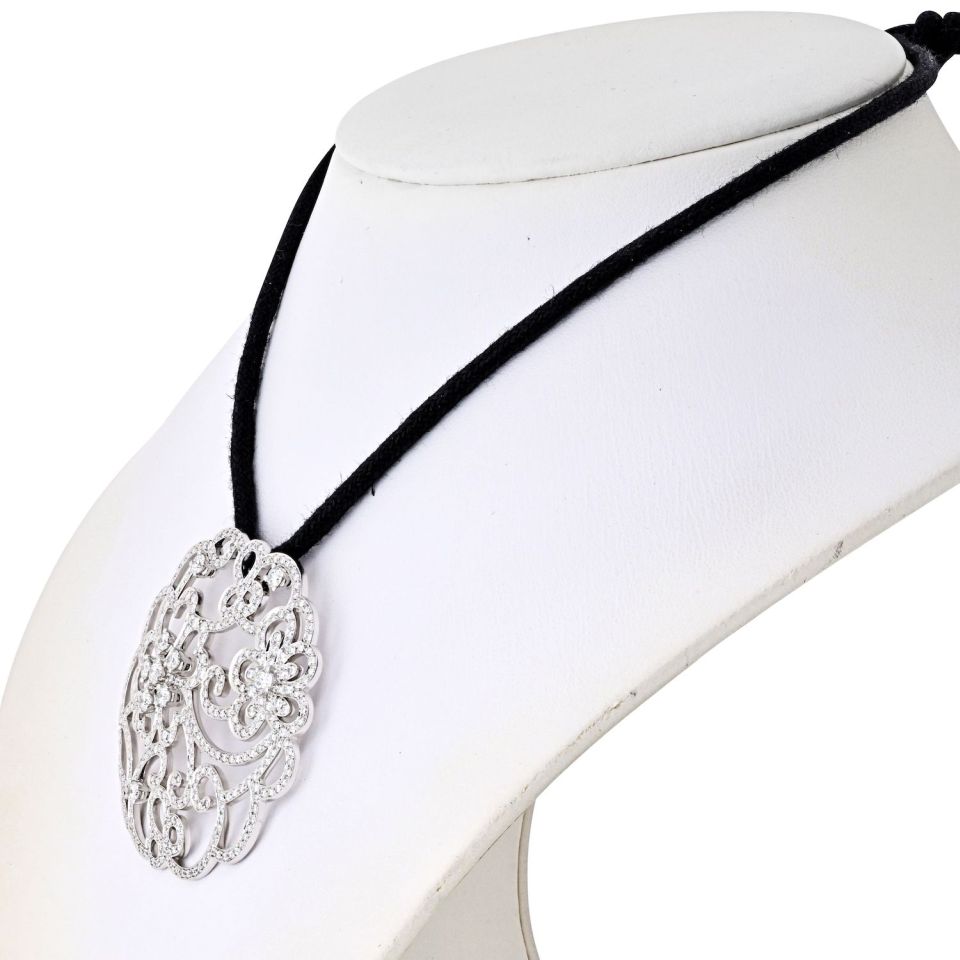 Van Cleef & Arpels 18K White Gold Dentelle Diamond Pendant On A Silk Cord