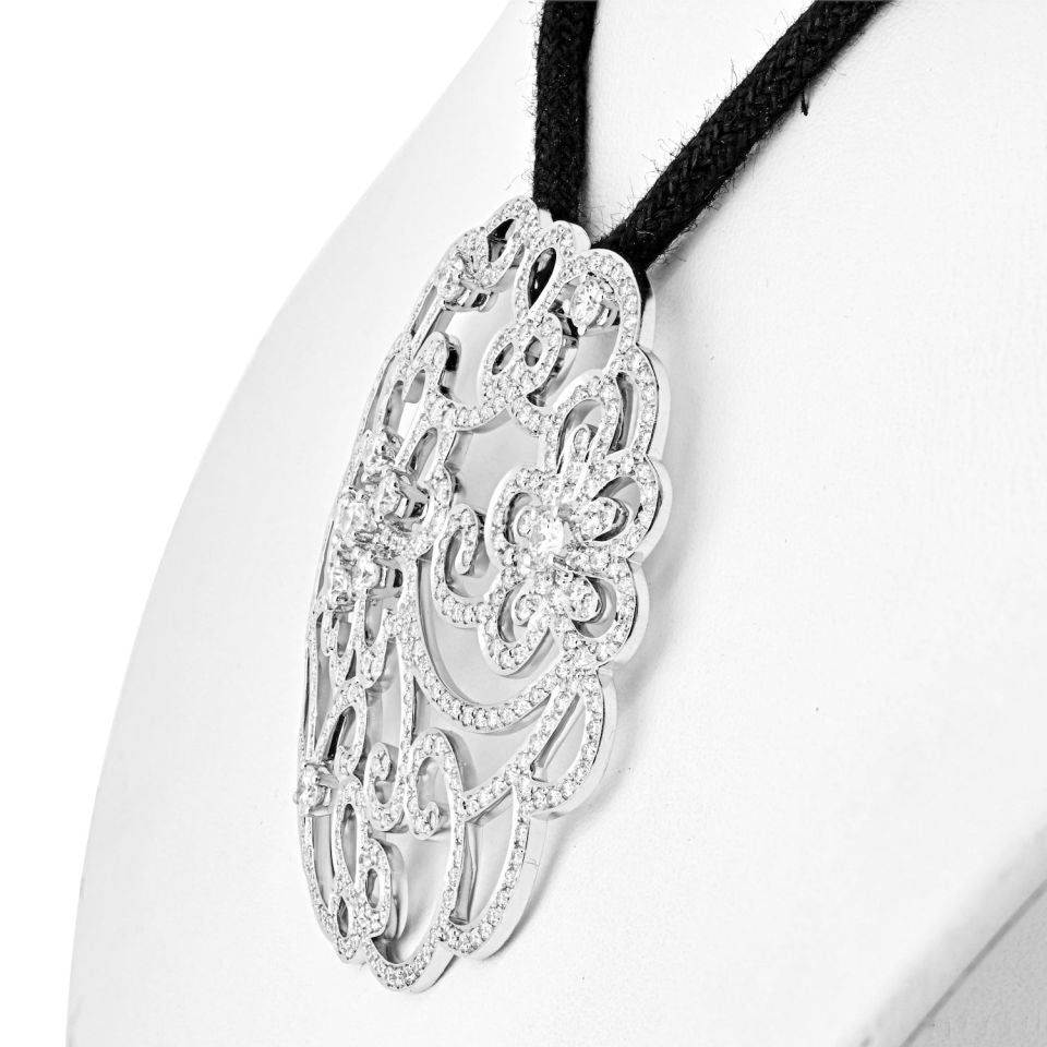 Van Cleef & Arpels 18K White Gold Dentelle Diamond Pendant On A Silk Cord