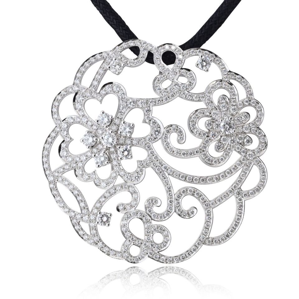 Van Cleef & Arpels 18K White Gold Dentelle Diamond Pendant On A Silk Cord
