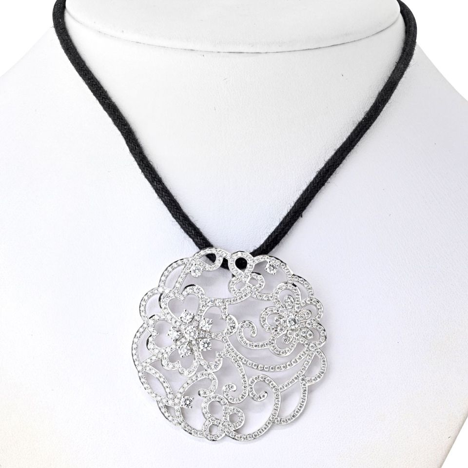 Van Cleef & Arpels 18K White Gold Dentelle Diamond Pendant On A Silk Cord