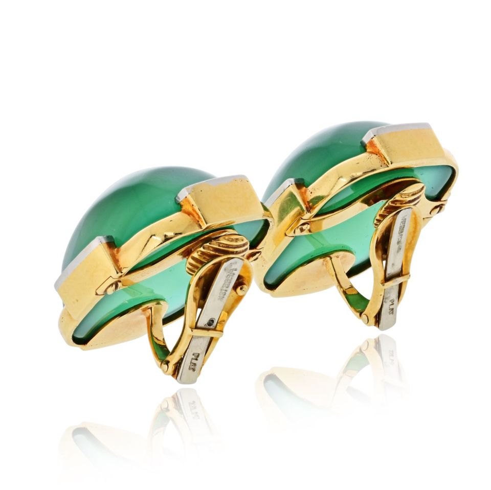 David Webb Platinum & 18K Yellow Gold Green Chrysoprase Diamond Earrings