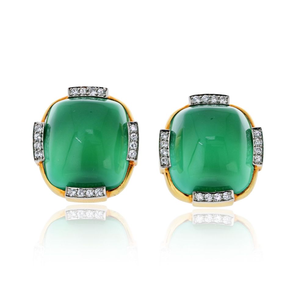 David Webb Platinum & 18K Yellow Gold Green Chrysoprase Diamond Earrings
